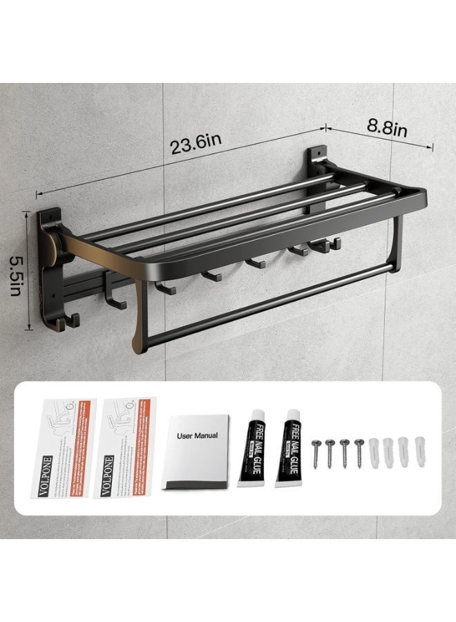 واي آند دي رف مناشف قابل للطي بطول 60 سم مع قضيب مناشف، رف مناشف مثبت على الحائط، أسود غير لامع، مقاوم للصدأ، قابل للحفر، مع خمسة خطافات متحركة، لتخزين الحمام. - Image 4